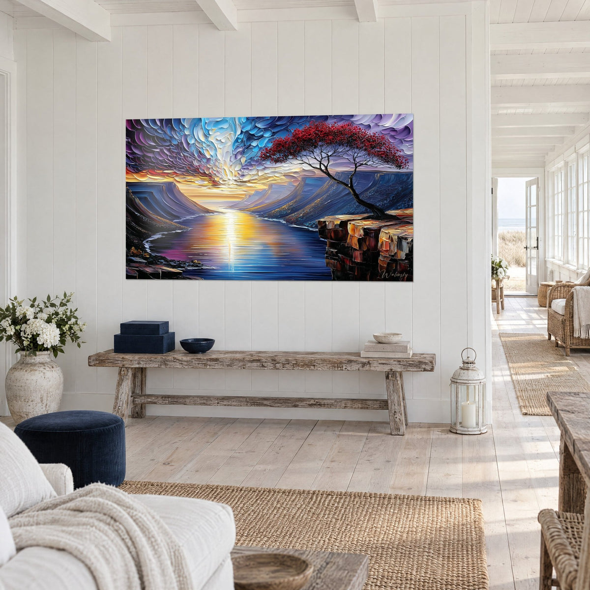 Wall art bluish cliffs lining a golden river, swirling purple and turquoise sky, seen from a three-quarter angle in a light-filled home
