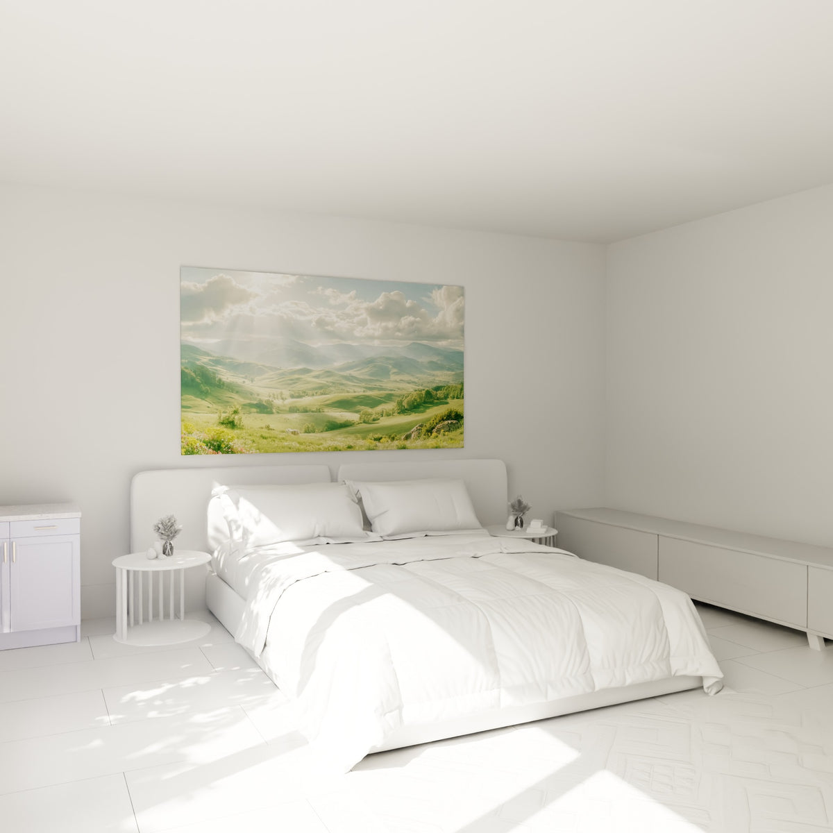 Collines vertes et fleurs roses éclairées par le soleil au-dessus d'un lit dans une chambre claire
