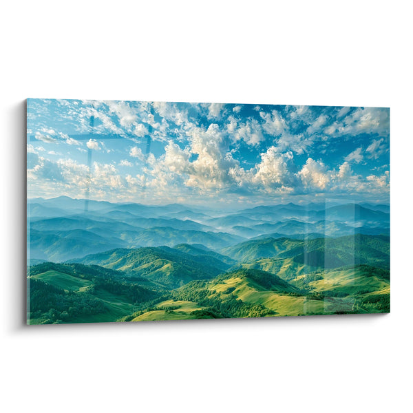 Tableau Collines vertes et bleues sous nuages cotonneux - Horizon infini des crêtes - Edition Montagne