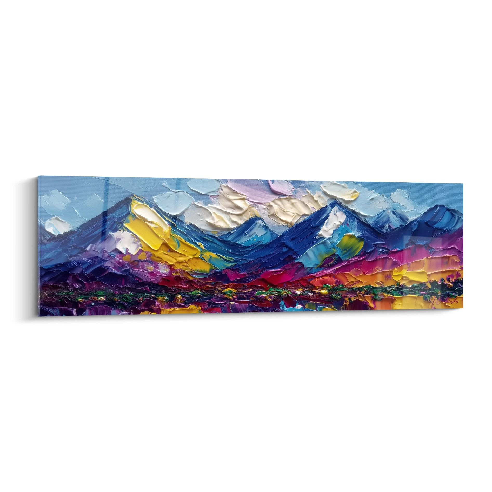 Tableau mural montagne colorée abstraite aux couleurs vives bleu violet jaune rose - Aurora Peaks édition Volcan