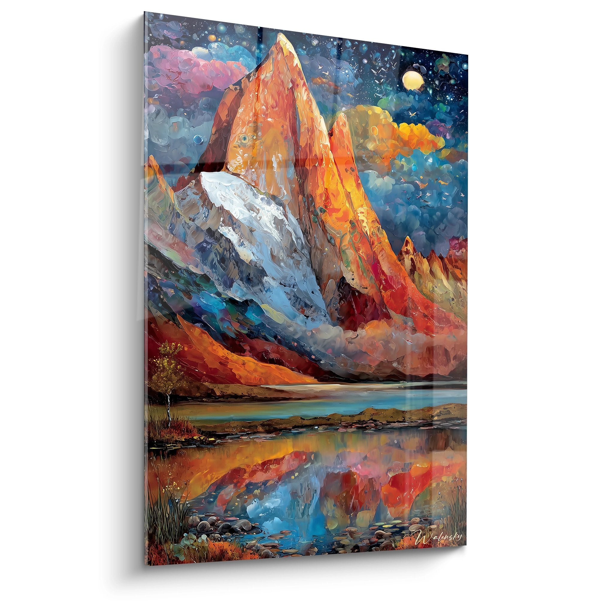 Tableau mural montagne colorée avec lac et reflets, paysage alpestre fantastique aux teintes vives