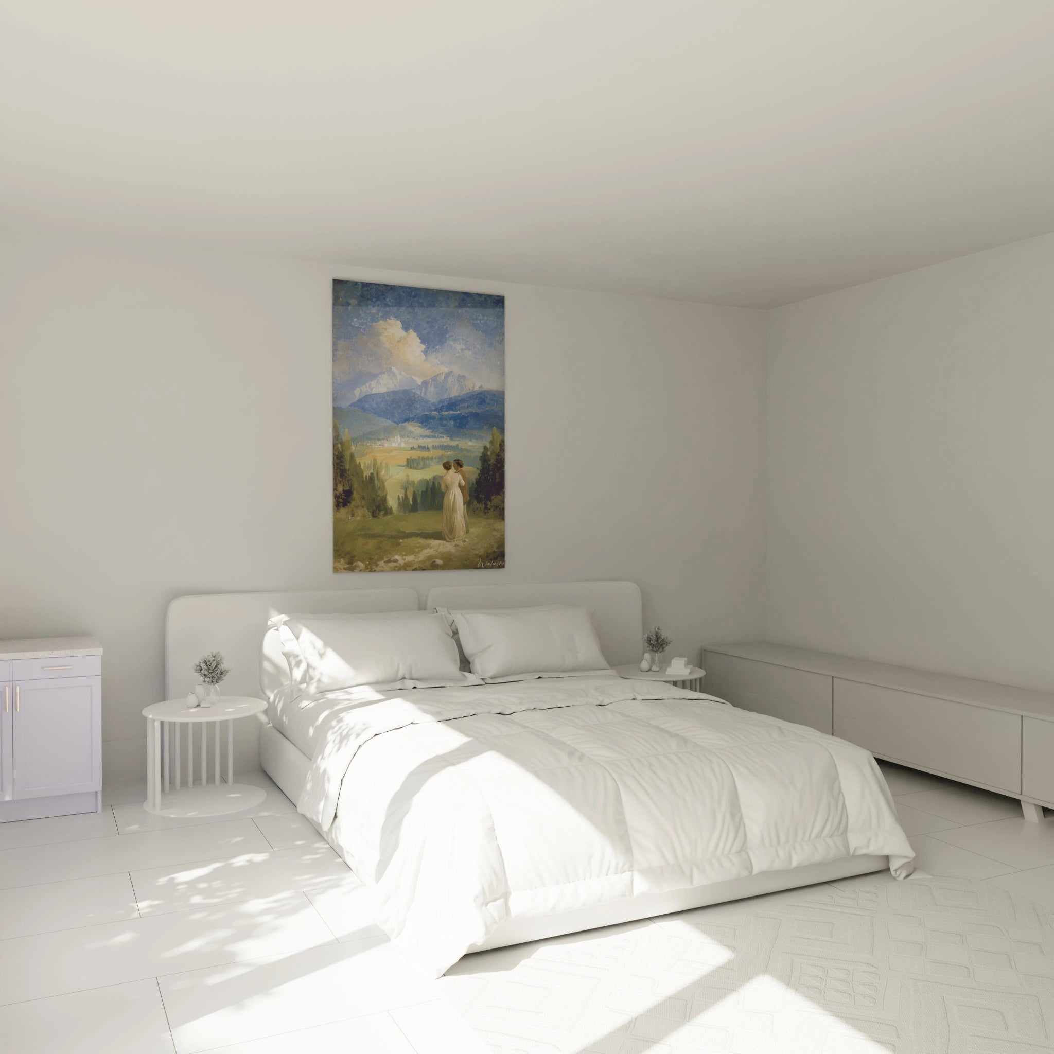 Tableau mural Walensky au dessus d un lit blanc paysage de montagne avec couple et ciel lumineux tableau montagne romantique
