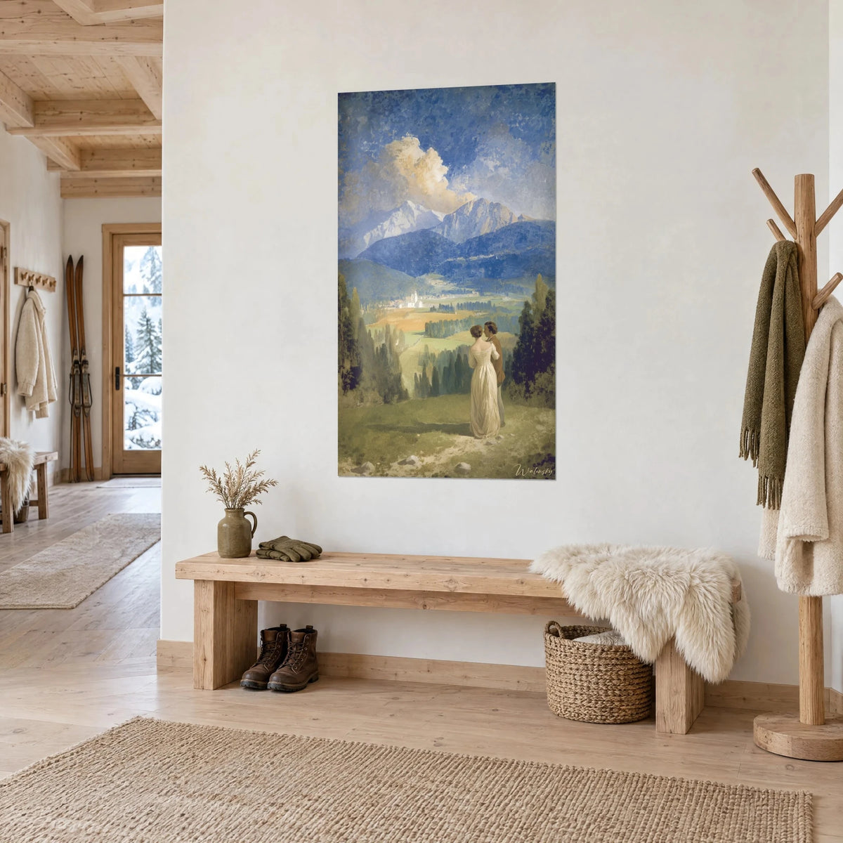 Quadro vette azzurrate e nuvola dorata su prato verde, due sagome in primo piano, vista a tre quarti nell'ingresso