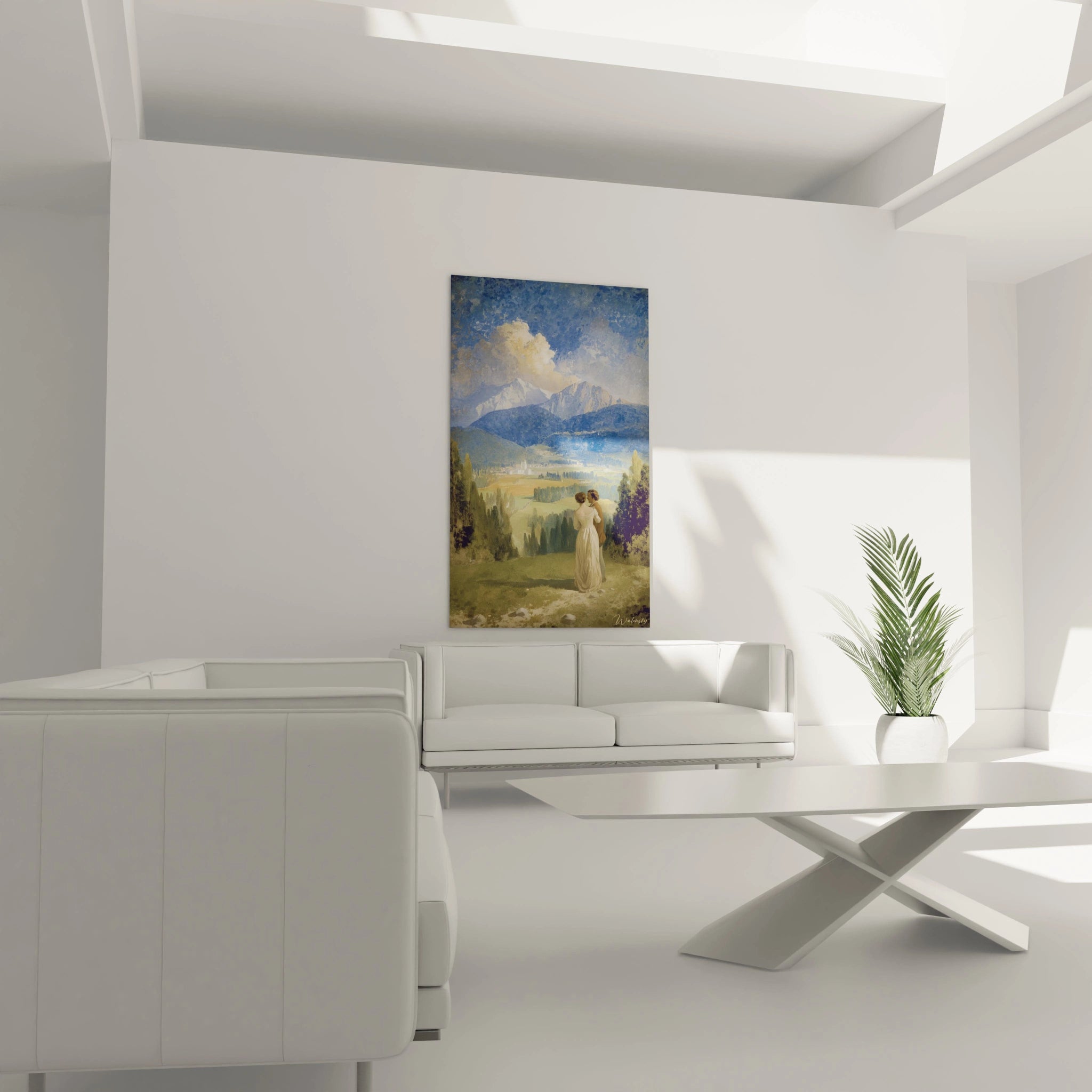 Tableau mural Walensky tableau montagne romantique avec couple devant montagnes bleues étoilées dans salon blanc