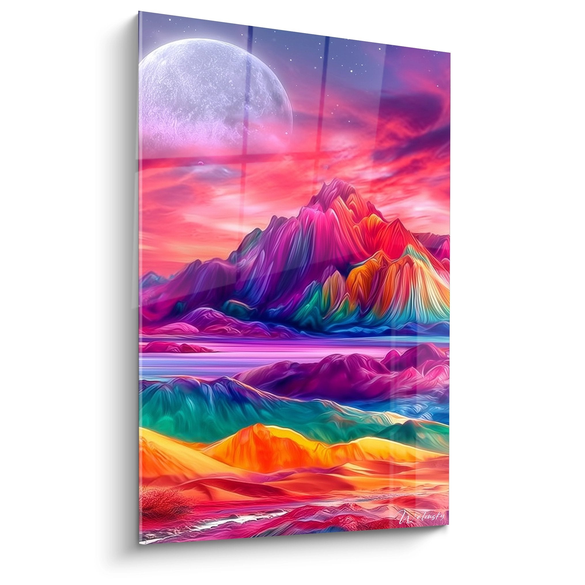 Tableau mural montagne cosmique multicolore avec planète géante et reflets dans l'eau, paysage surréaliste