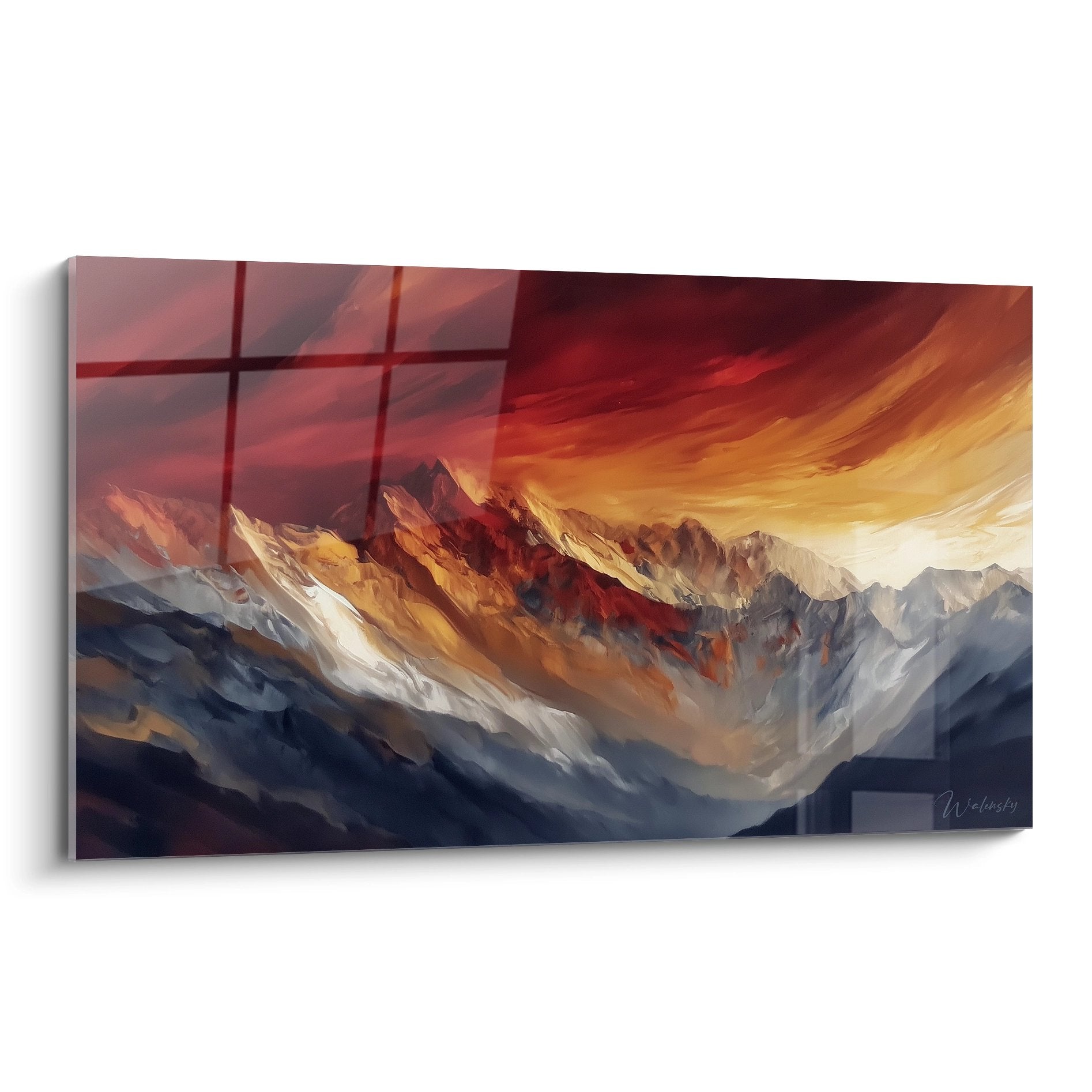 Tableau mural montagne coucher soleil avec chaîne sommets enneigés et ciel flamboyant rouge orange