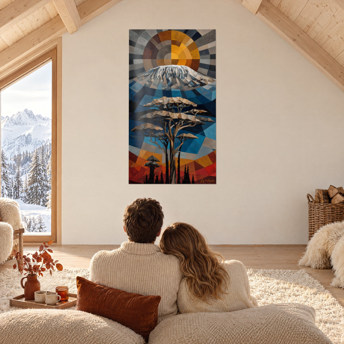 Quadro orizzonte africano stilizzato, sole a spicchi ocra e marroni, catena montuosa ghiacciata blu acciaio, coppia di spalle su un divano di fronte a una vetrata di chalet