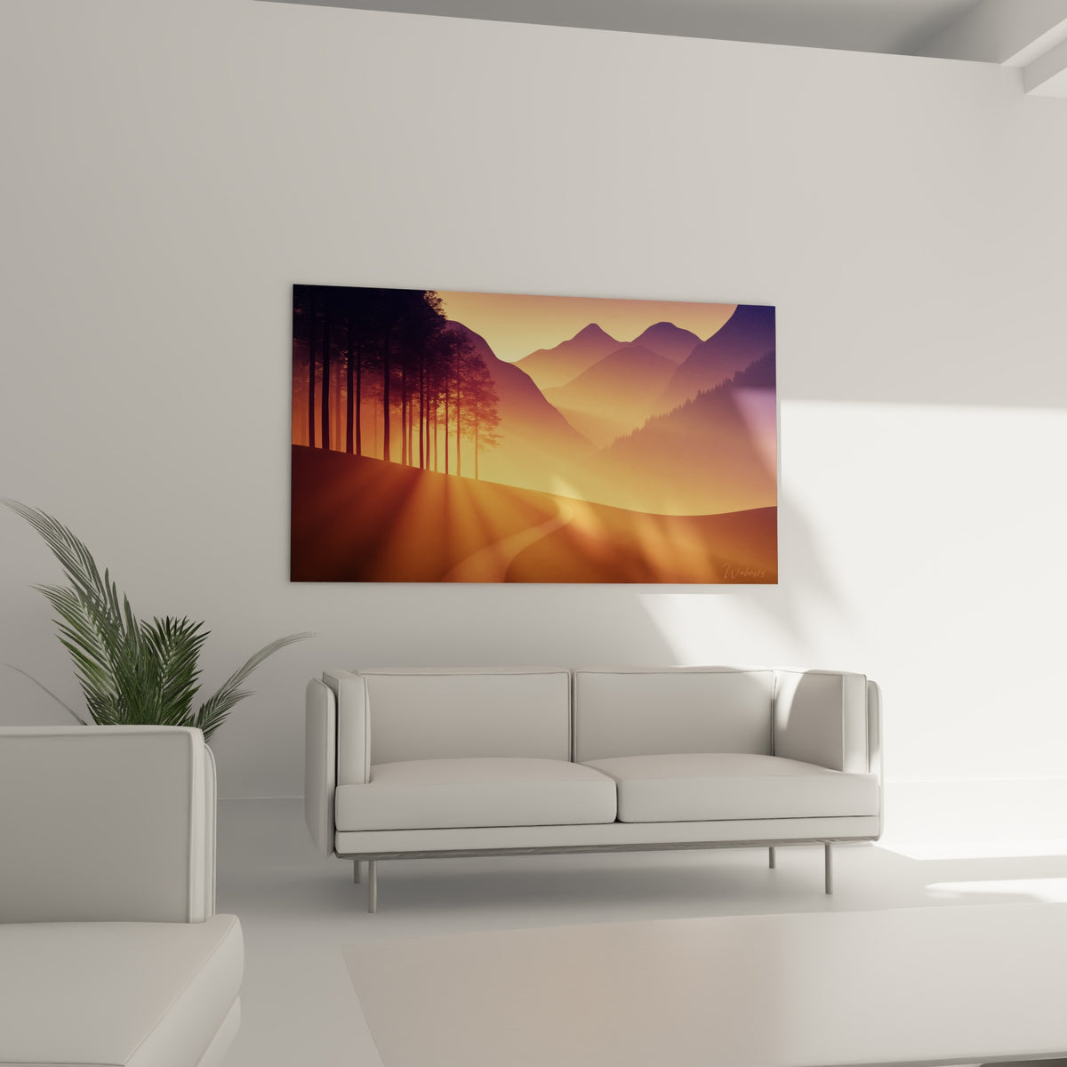 Silhouettes de pins et montagnes cuivrées Montagne, suspendues au-dessus d'un canapé dans un salon lumineux