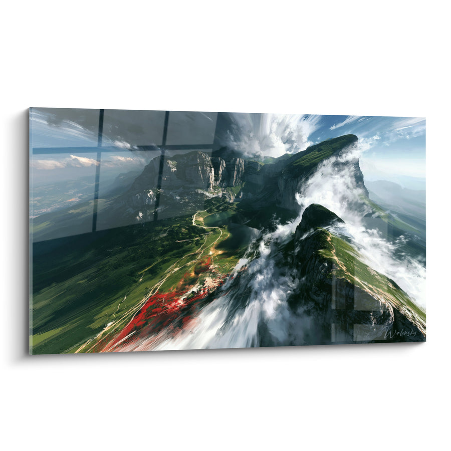 Painting Green and Red Ridge with Swirling Clouds - Vertiginous Aerial View - Mountain Edition