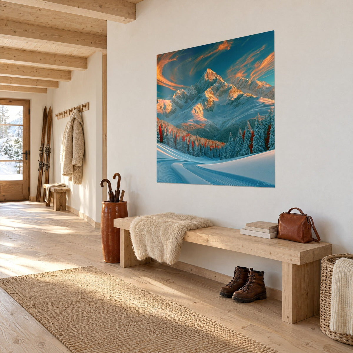 Quadro picco alpino rosato sotto un cielo blu petrolio, piste ghiacciate in curve, visto di tre quarti nell'ingresso di uno chalet di legno