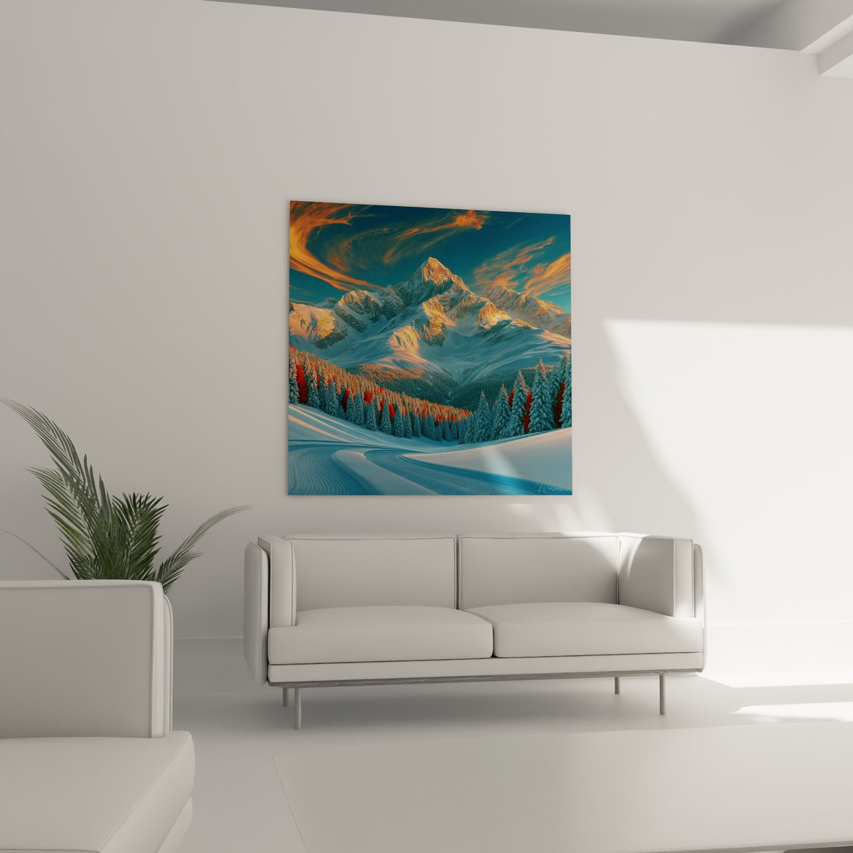 Crêtes rocheuses ocre et bleu glacier sous ciel flamboyant, au-dessus d'un canapé dans un salon lumineux