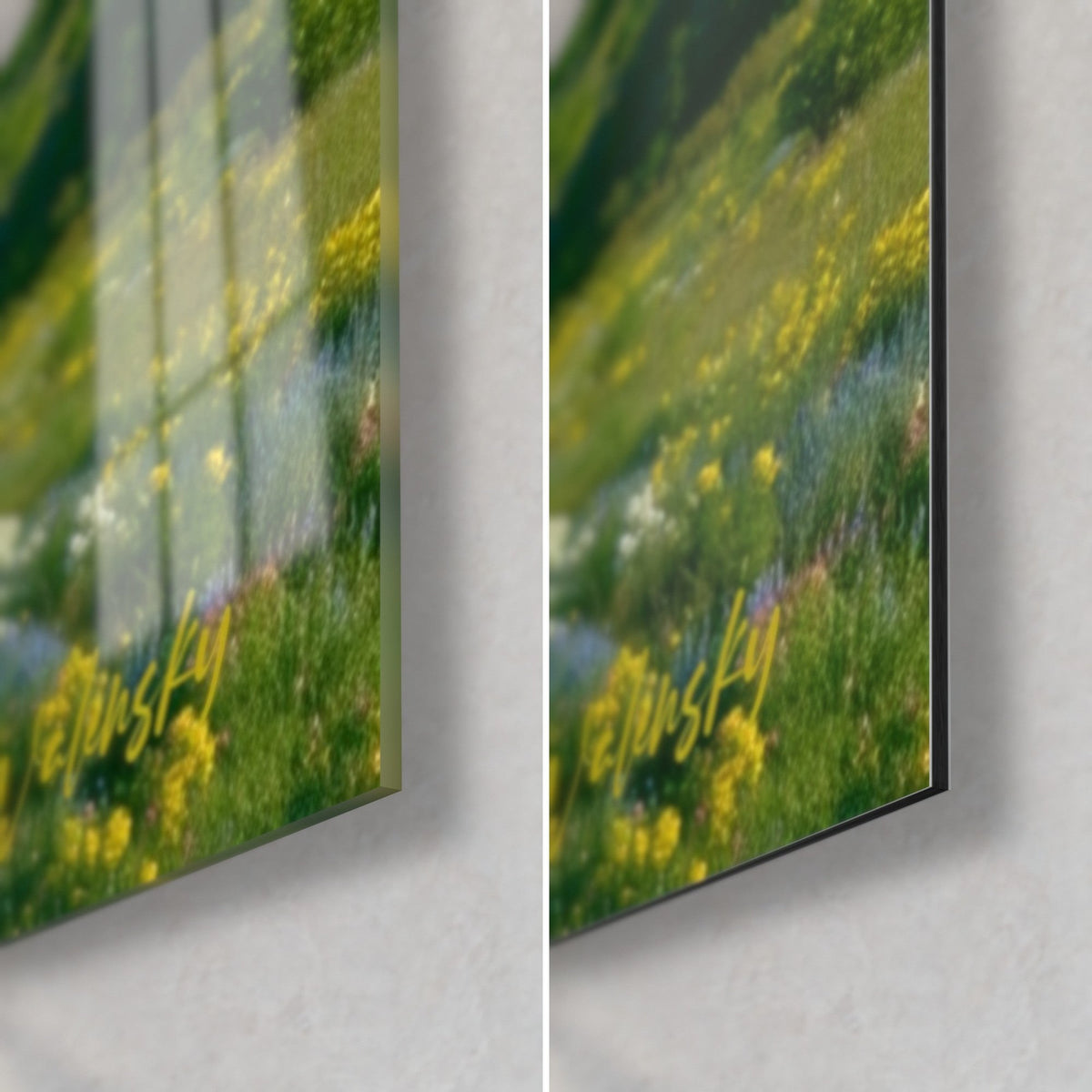 Tableau chemin vers l'horizon, prairie de fleurs jaunes et blanches, coin bas droit en verre brillant et Dibond mat