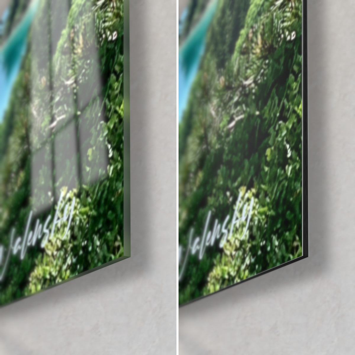 Tableau panorama alpin vert et turquoise, coin bas droit : verre brillant à gauche, alu Dibond mat à droite, tranche de 3 mm