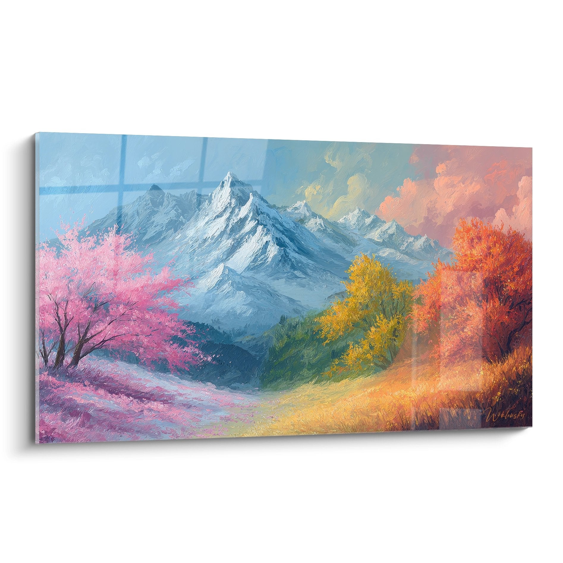 Tableau montagne enneigée avec arbres colorés automne pour décoration murale paysage alpin
