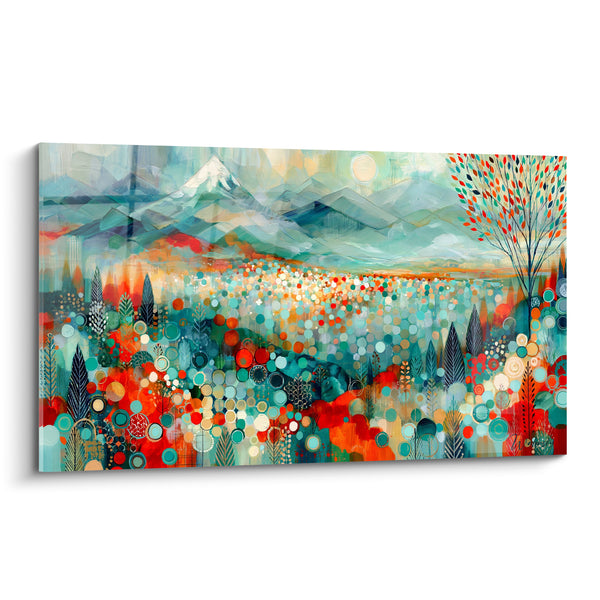 Tableau Sommet enneigé aux pointillés turquoise et rouge - Vallée en éveil - Edition Montagne