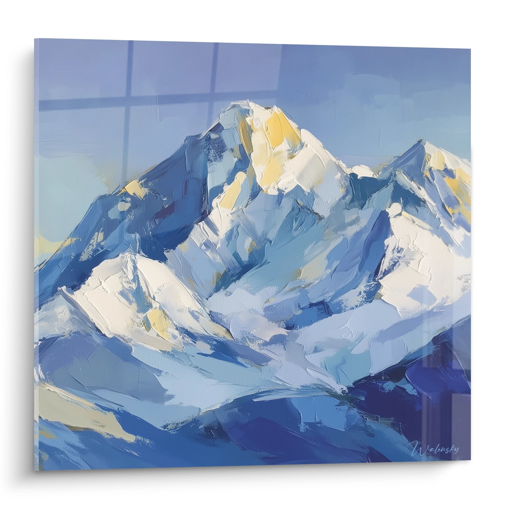 Tableau montagne enneigée aux tons bleus et blancs, sommet alpin majestueux, art mural contemporain
