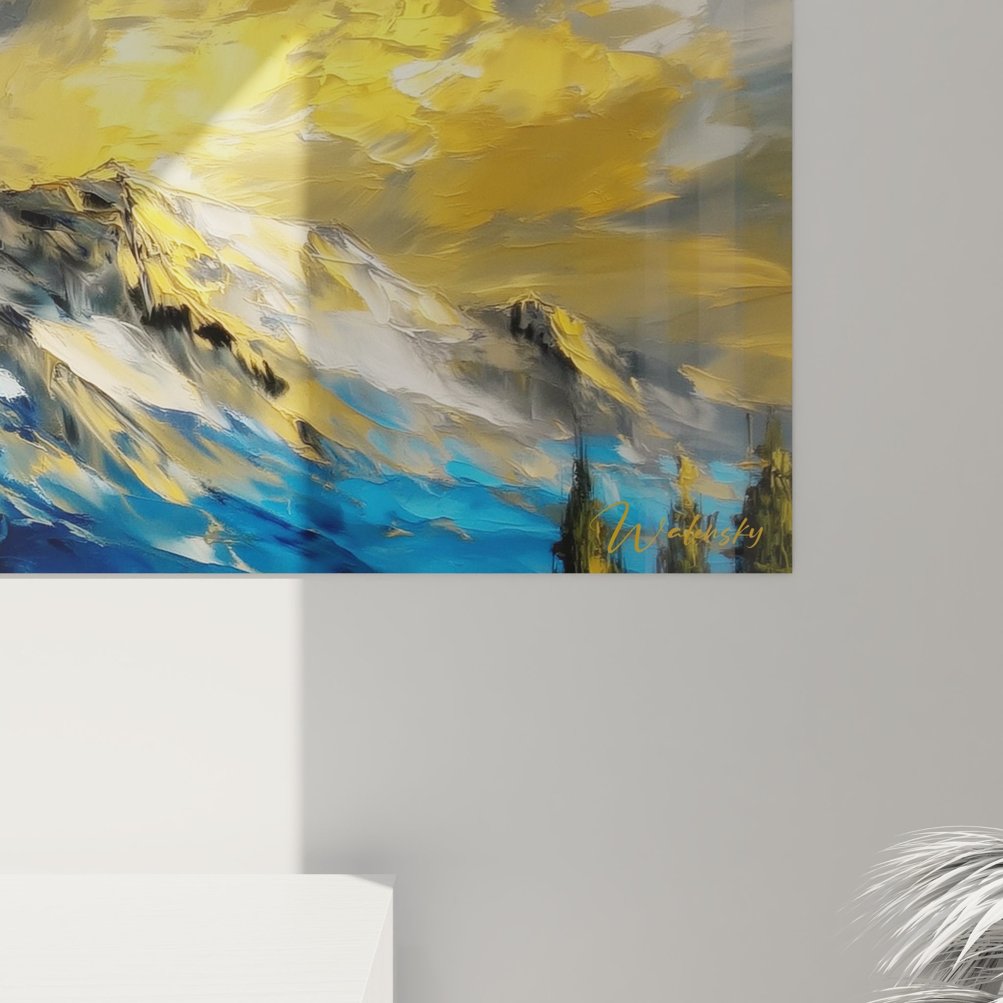 Vue ensemble tableau panoramique montagne enneigée sommet doré - art mural paysage nature