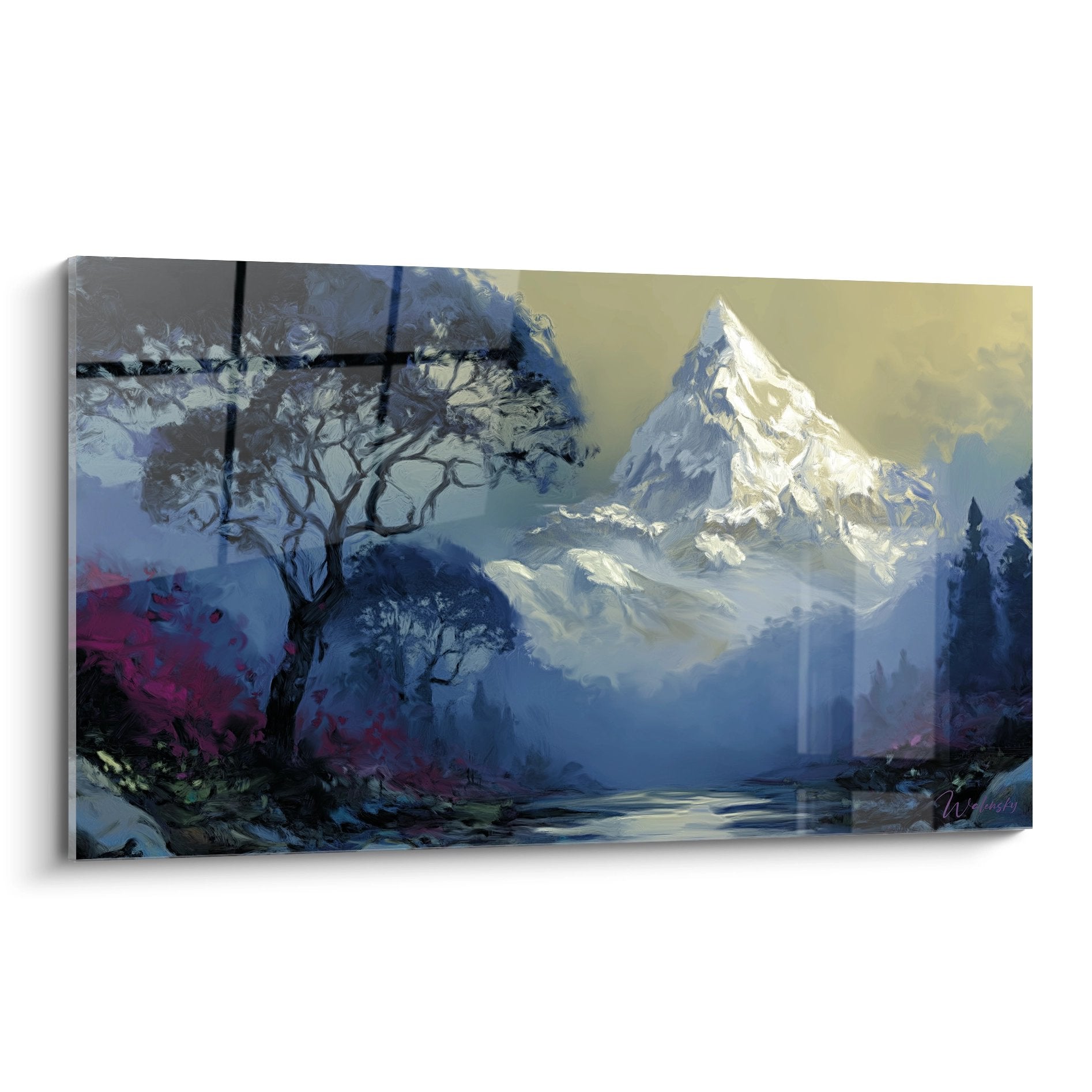 Tableau mural montagne enneigée avec vallée brumeuse et arbre au premier plan, tons bleus dorés