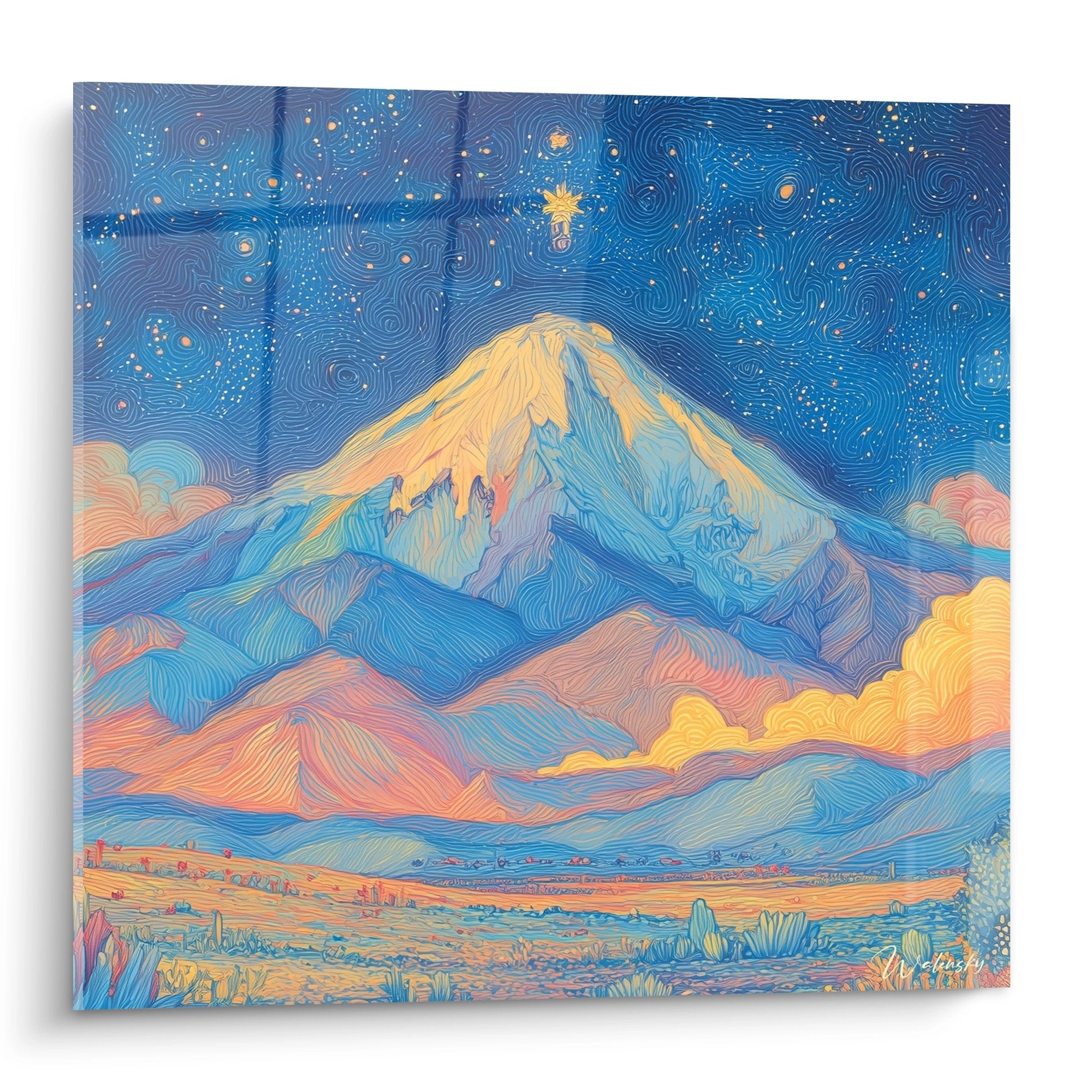 Tableau mural montagne étoilée style Van Gogh avec ciel nocturne tourbillonnant et paysage désertique doré