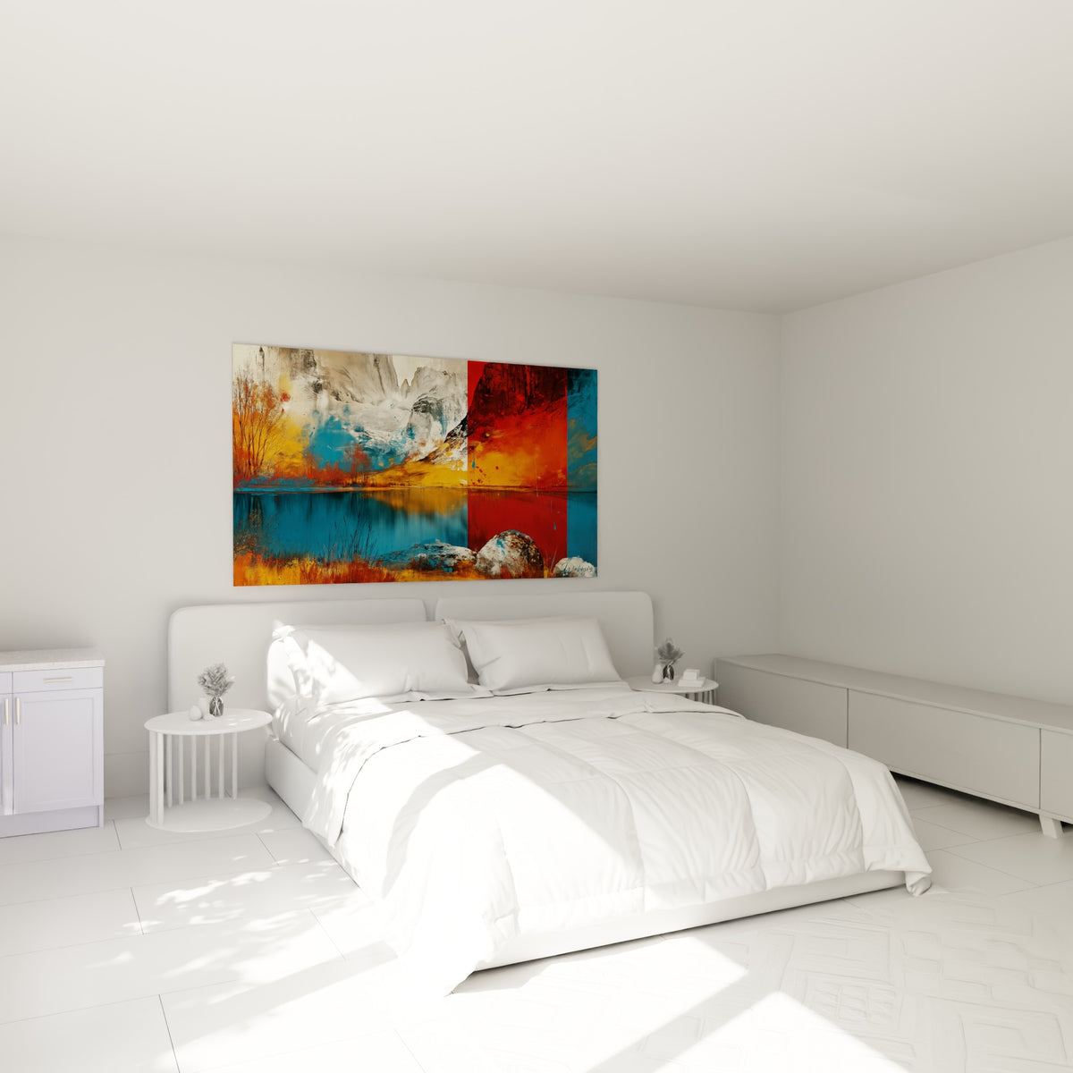 Sommets gris et falaise rouge de ce tableau montagne au-dessus d'un lit dans une chambre claire