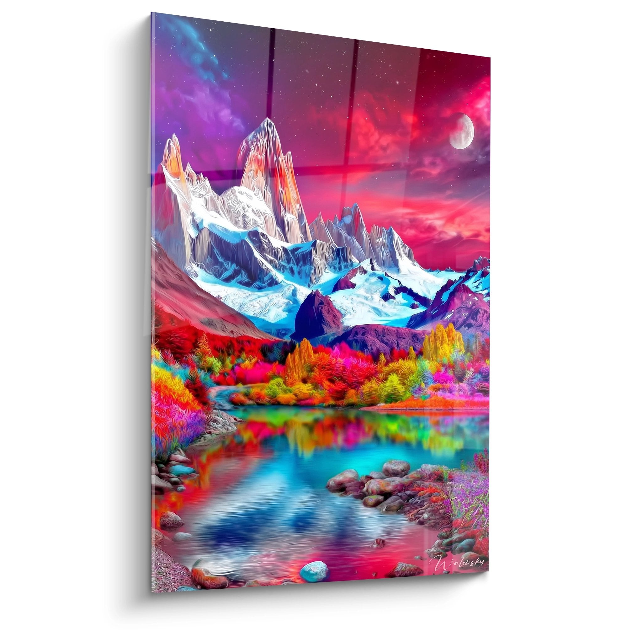 Tableau mural montagne fantastique aux couleurs cosmiques avec sommets enneigés et lac multicolore