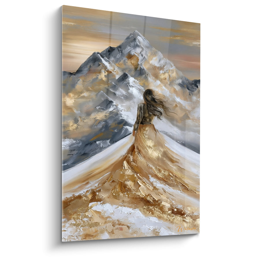 Tableau Femme cheveux dénoués robe traînante dorée et blanche - Chevelure au vent - Edition Montagne