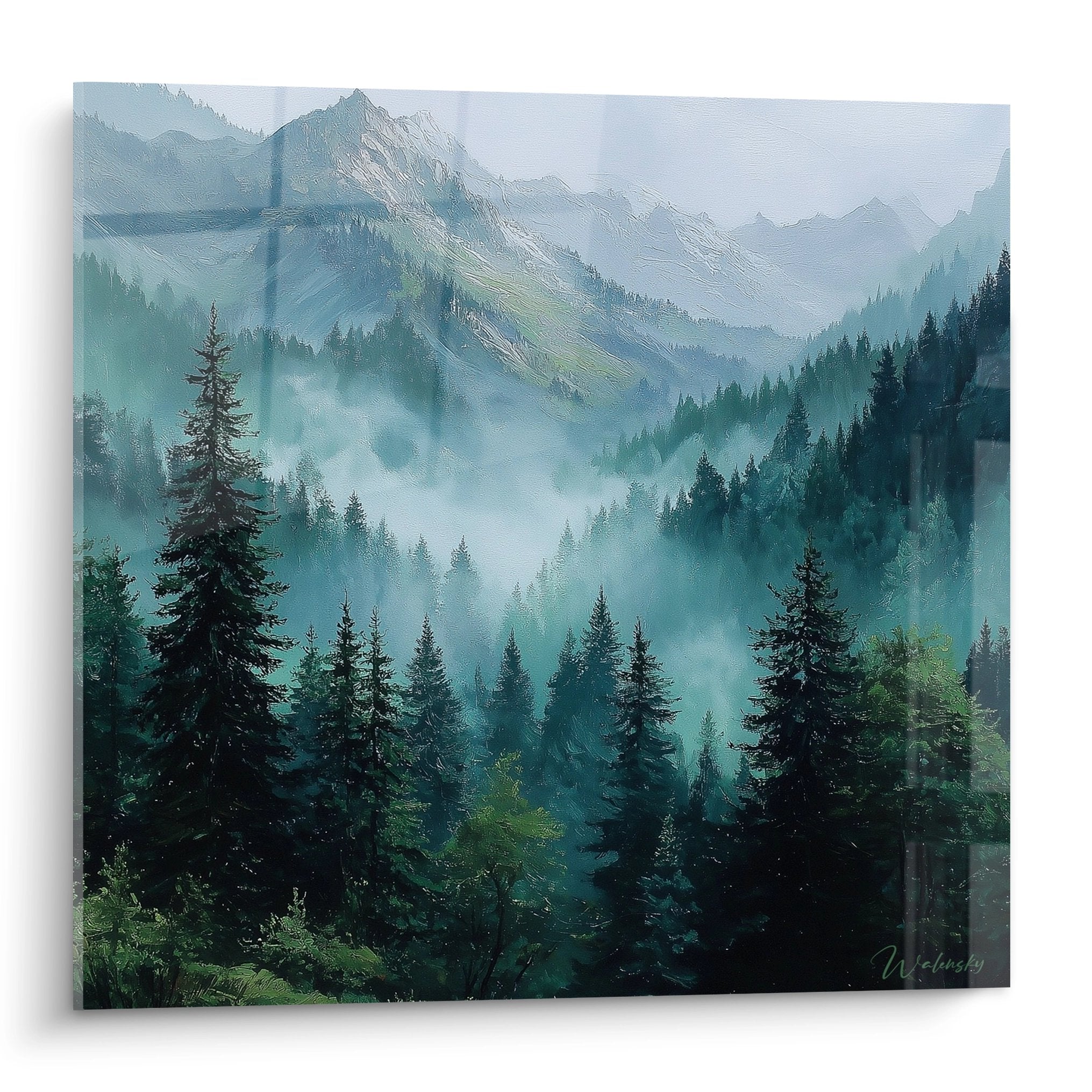 Tableau mural vallée montagnarde avec forêt de sapins dans la brume matinale tons verts et bleus