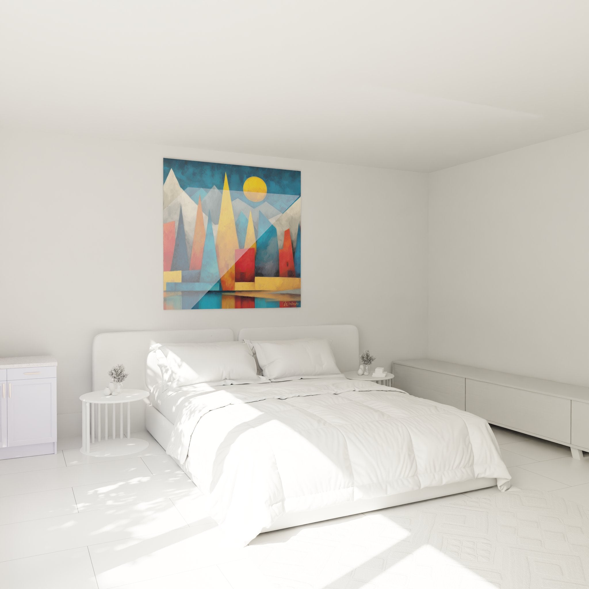 Tableau montagne géométrique dans chambre moderne, décoration murale paysage contemporain aux tons bleus et oranges