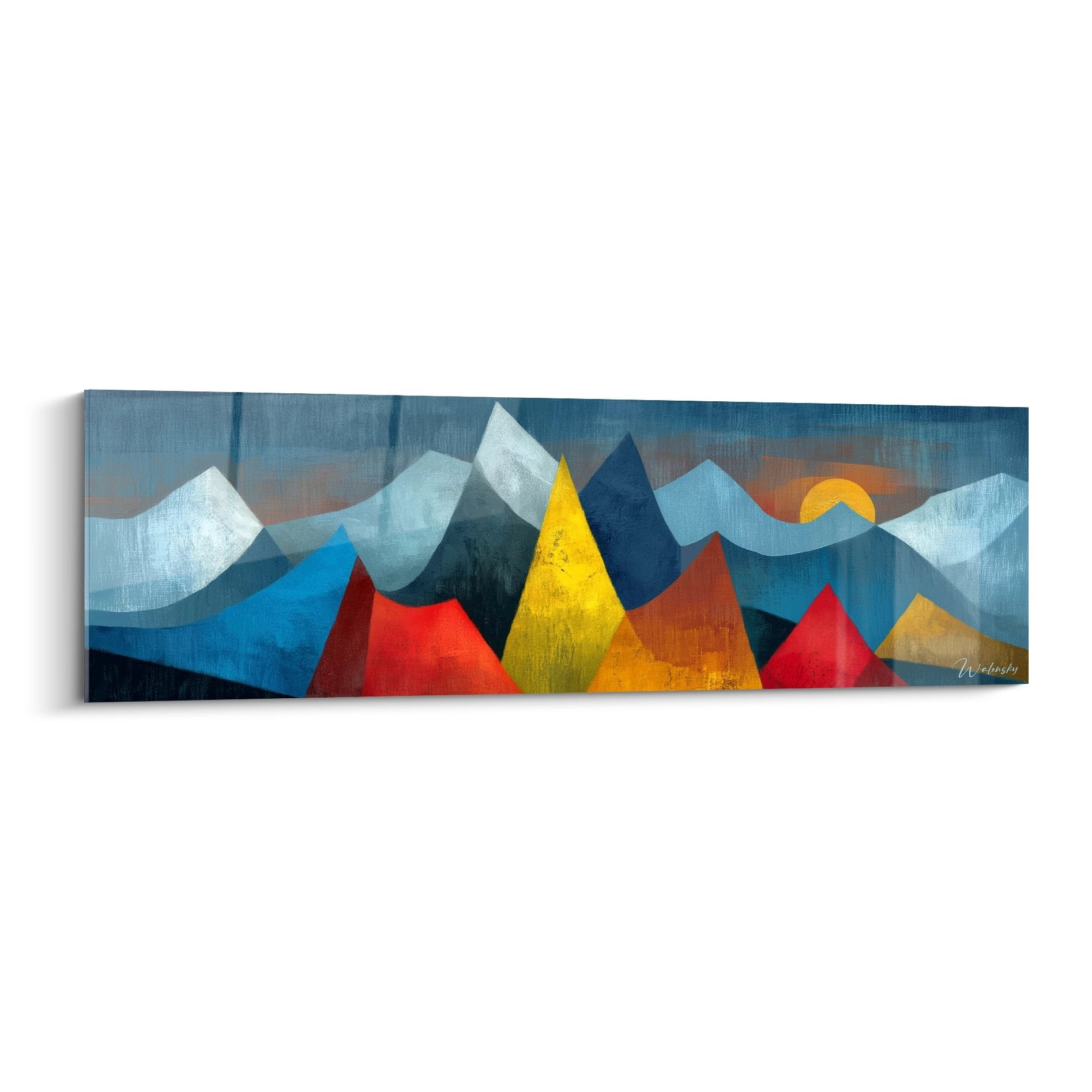 Tableau mural montagne géométrique aux couleurs vives rouge jaune bleu, art abstrait moderne