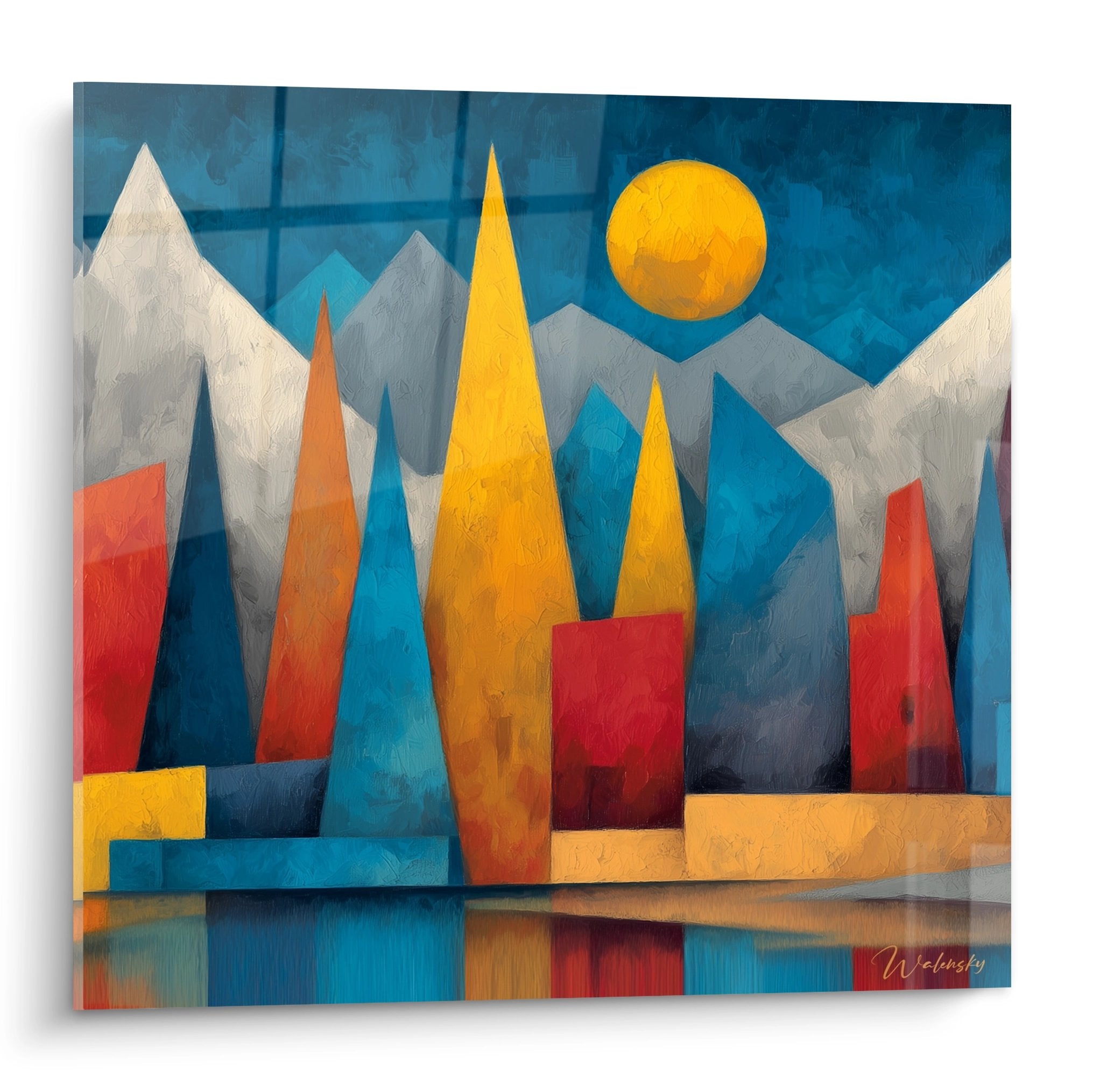 Tableau montagne géométrique moderne aux couleurs vives, paysage stylisé avec sommets triangulaires et soleil doré