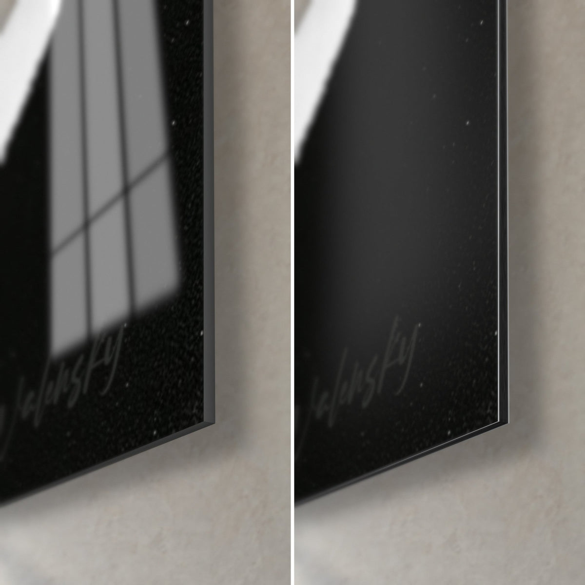 Tableau crêtes brumeuses, coin bas droit : verre acrylique noir brillant à gauche, Dibond gris mat à droite, tranche de 3 mm