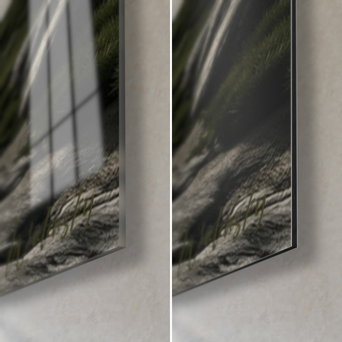 Wall art rocky path in smoke grey, bottom right corner: glossy acrylic glass reflecting the window, matte Dibond aluminium, 3 mm edge