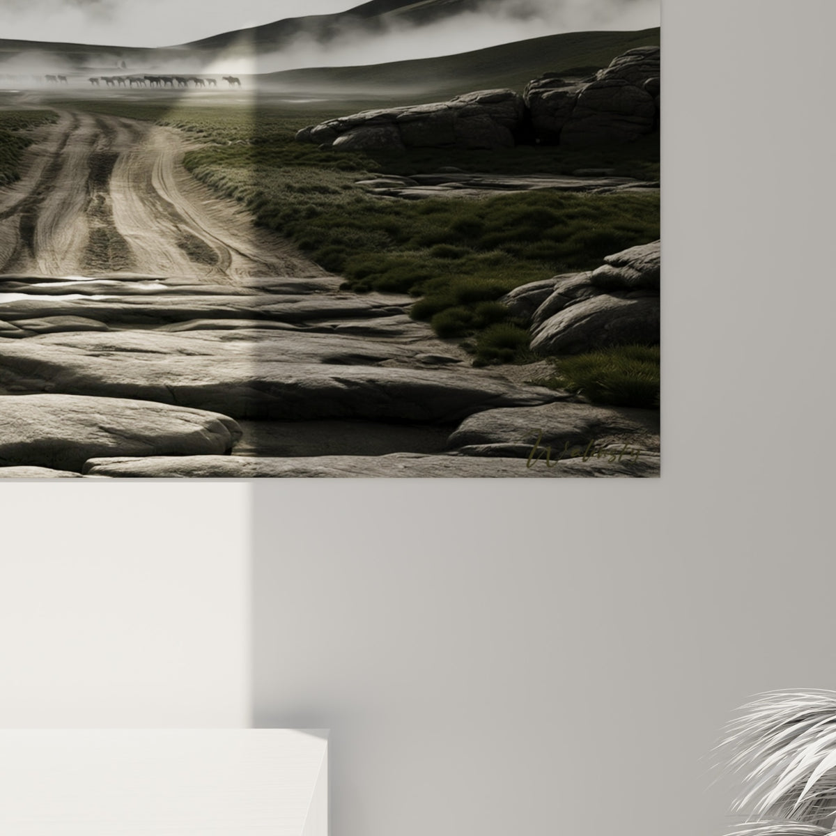 Détail du grain pictural montrant les nuances anthracite et blanches des rochers et de la brume