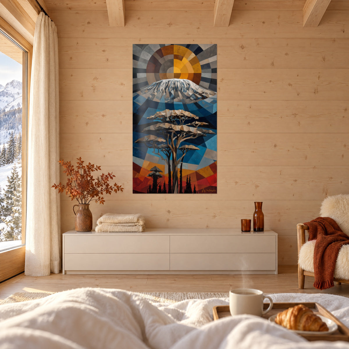 Quadro vulcano africano in schegge di blu cobalto e grigio, tramonto arancione, sopra un letto in una camera luminosa