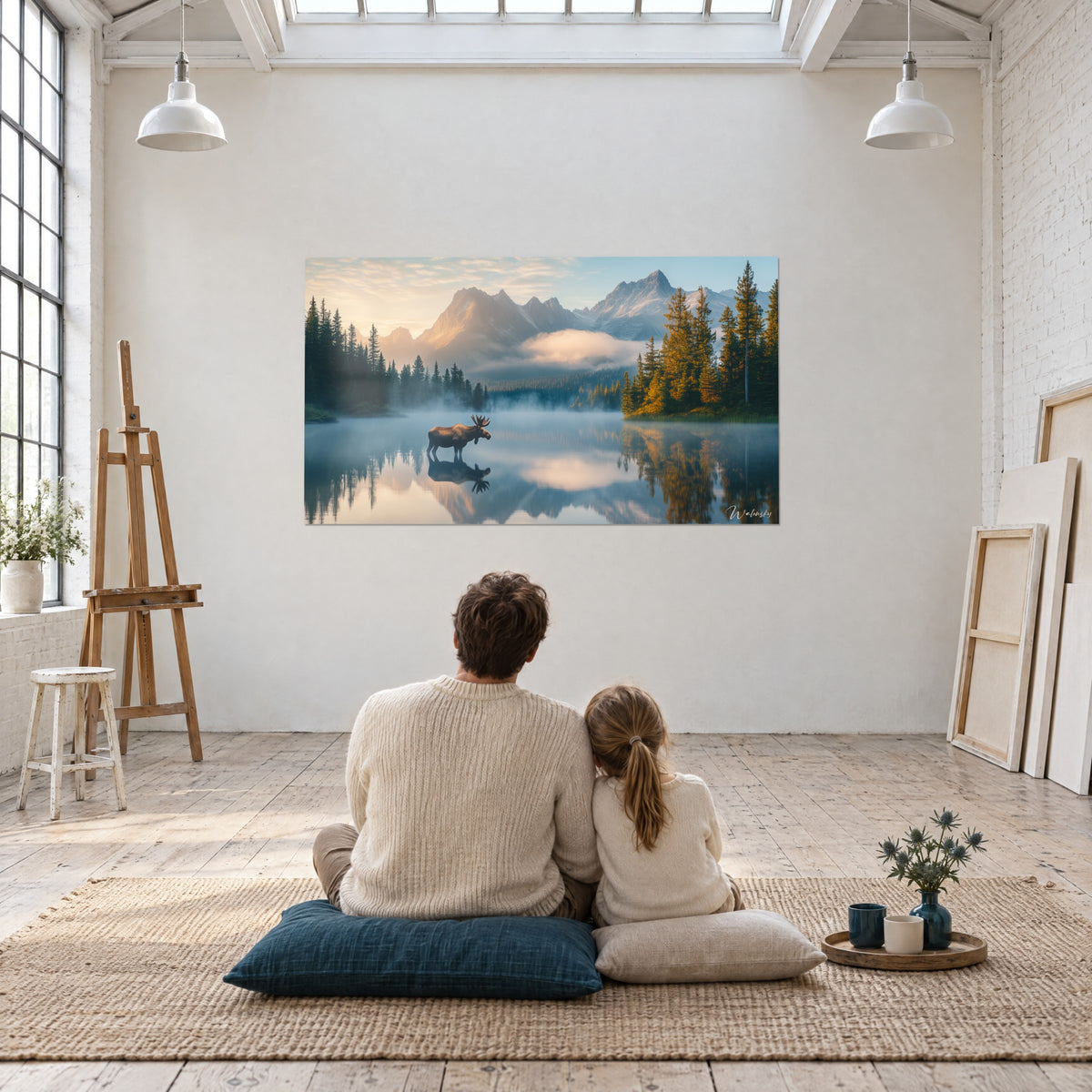 Schilderij van wilde weerspiegelingen van een meer bij zonsopkomst, roze besneeuwde toppen, koperkleurig gebladerte, bewonderd door twee zittende personen