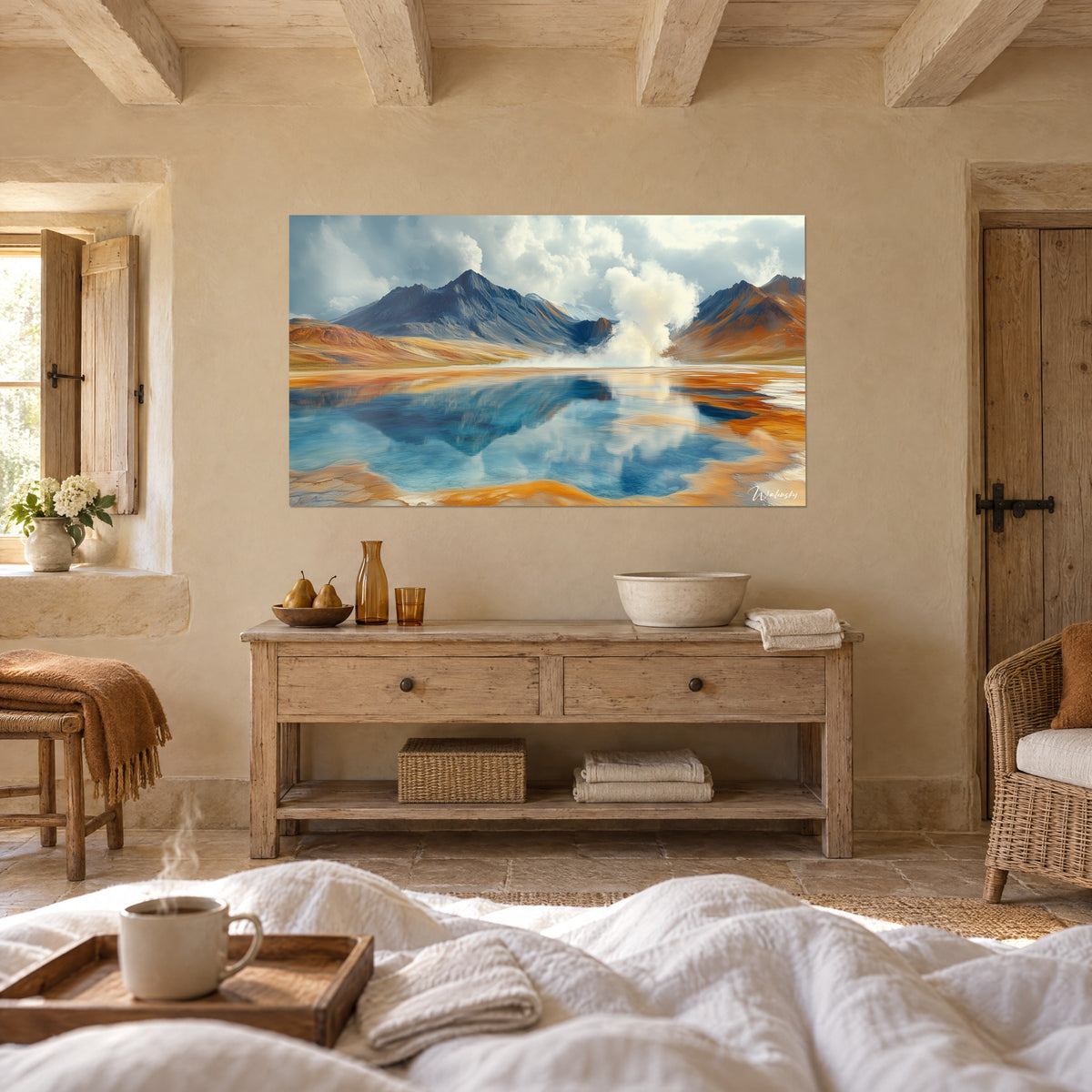 Schilderij vulkanisch landschap met oranje minerale korsten en gletsjerblauw, melkachtige damp, boven een bed in een lichte slaapkamer