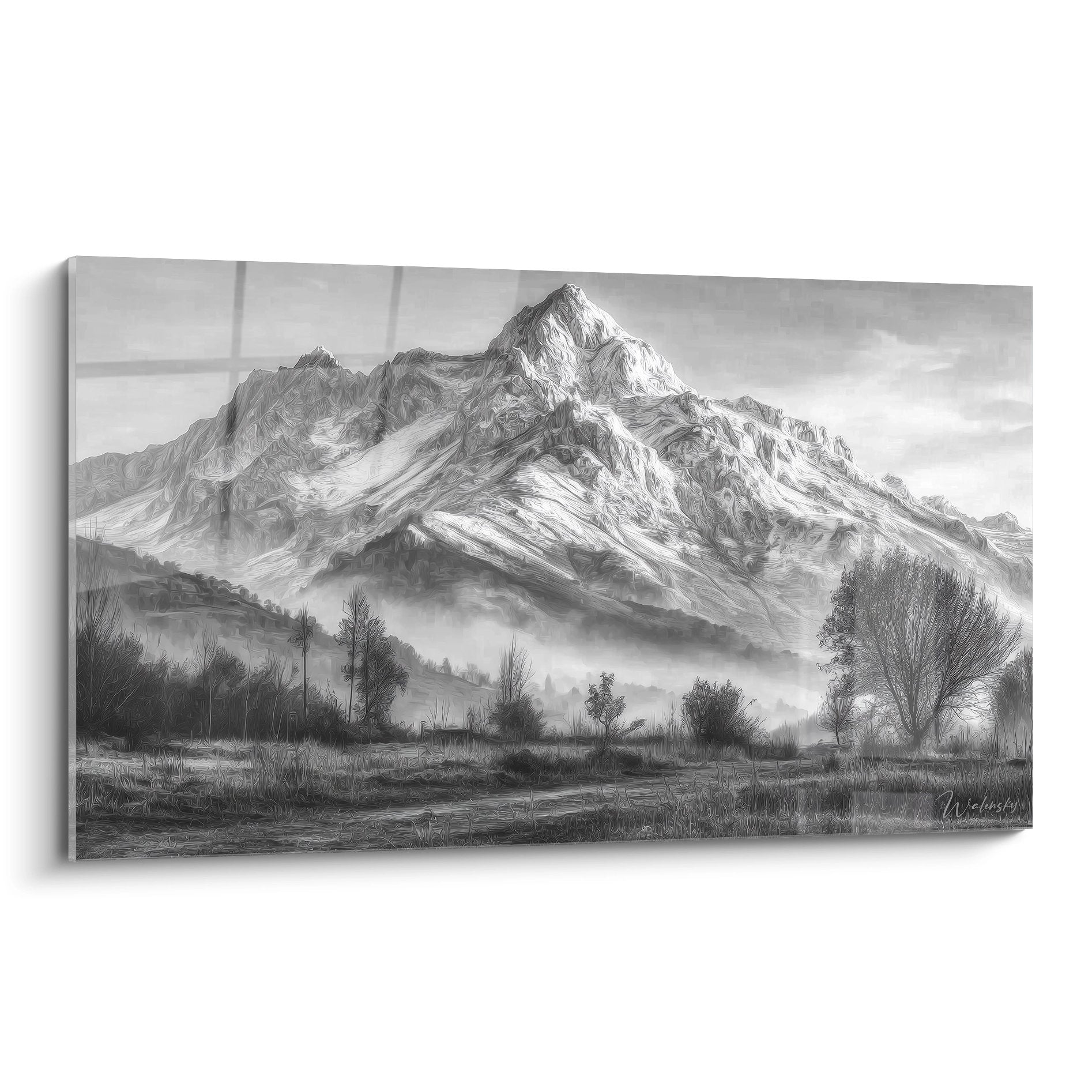 Tableau mural montagne majestueuse noir et blanc avec sommet rocheux et brume matinale - art paysage alpin