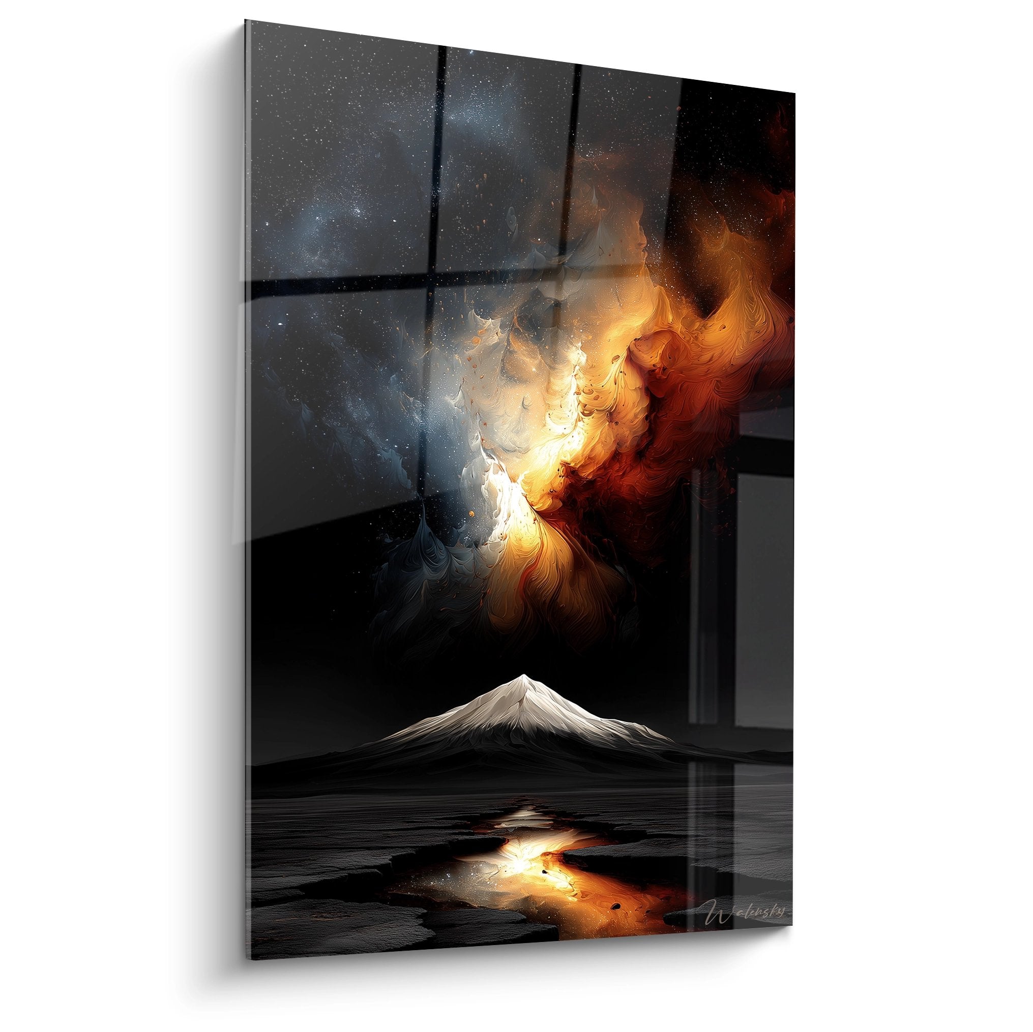 Tableau mural montagne nébuleuse cosmique avec sommet enneigé et ciel étoilé flamboyant orange