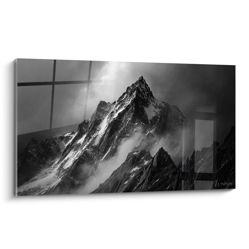 Snow-Capped Mountain Painting - Majestic Rocky Peak - Black and White Landscape Edition