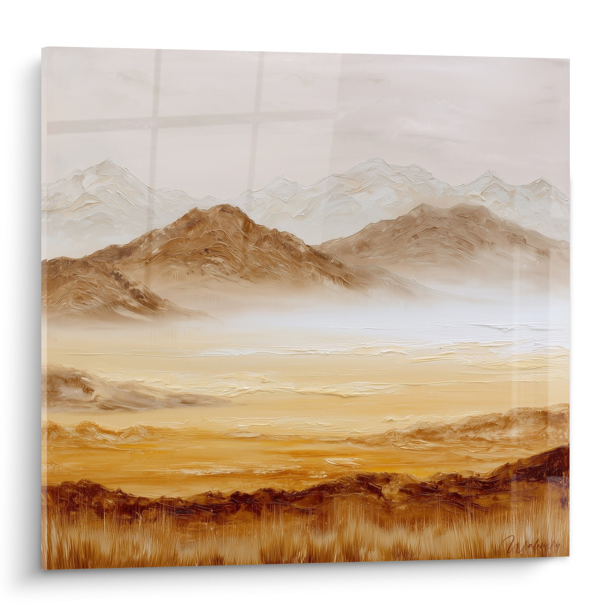 Tableau paysage montagneux tons ocre beige brume feng shui centre terre decoration murale nature zen