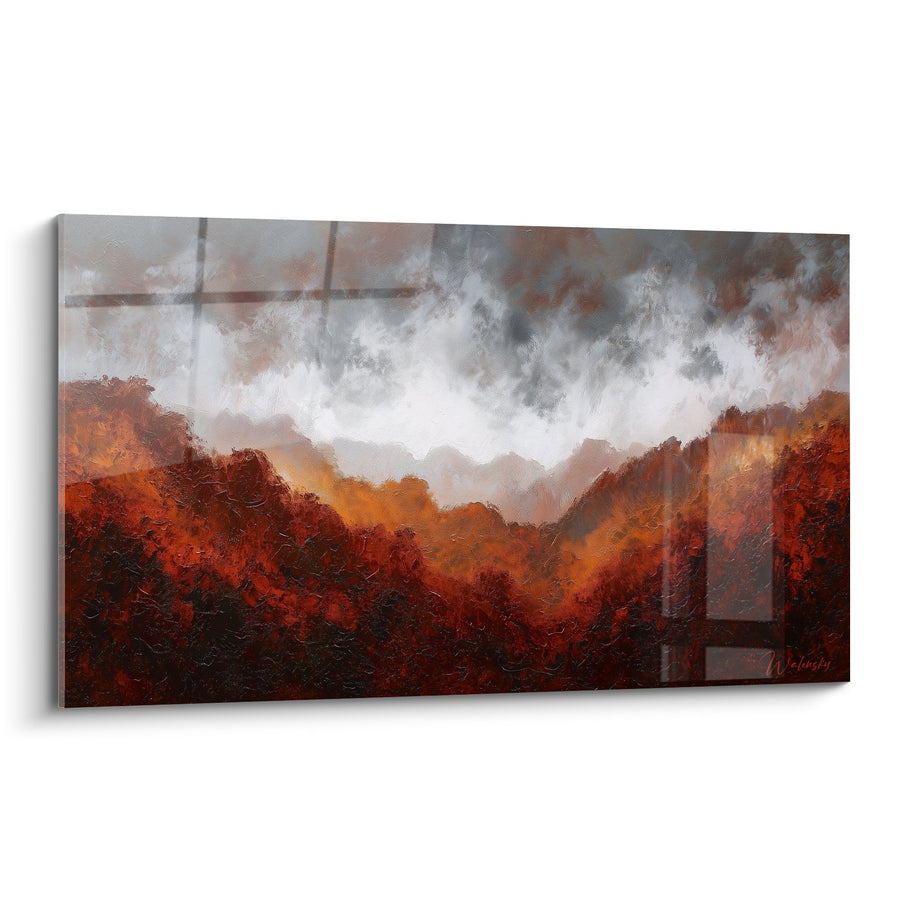 Tableau paysage montagneux aux tons ocre et rouge sous nuages dramatiques - Harmonie terrestre - Edition Feng shui Centre Terre