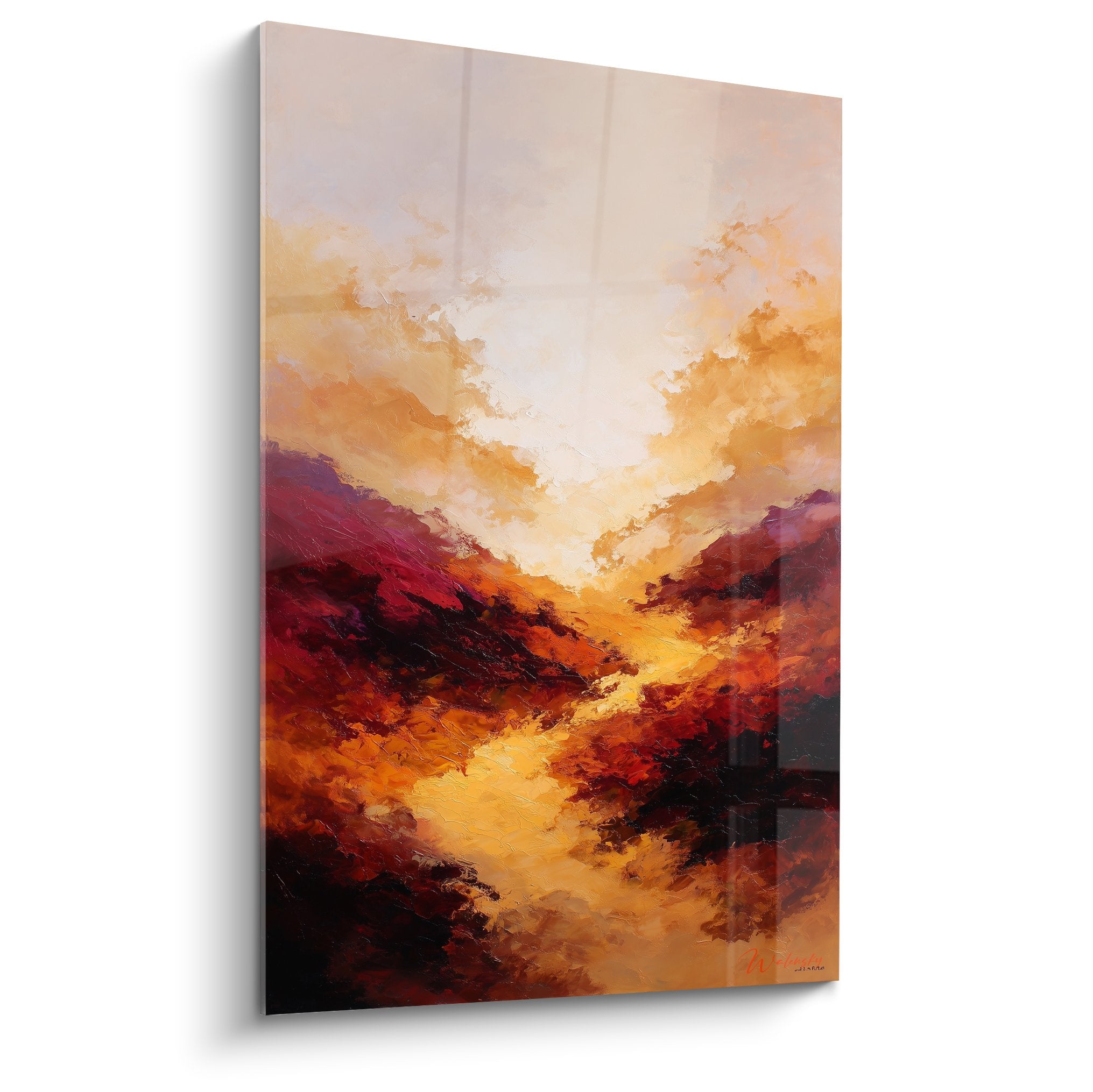 Mountain landscape painting with orange and purple tones, deep valley expressionist feng shui style