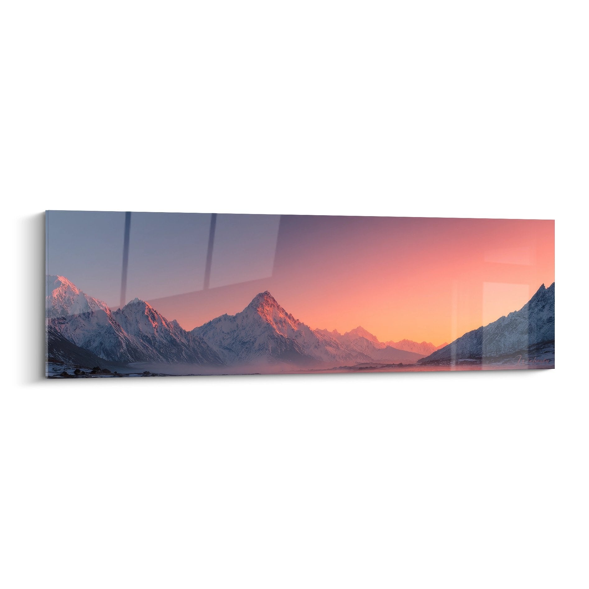 Tableau mural montagne panorama alpenglow coucher soleil sommets enneigés vallée glaciaire art nature