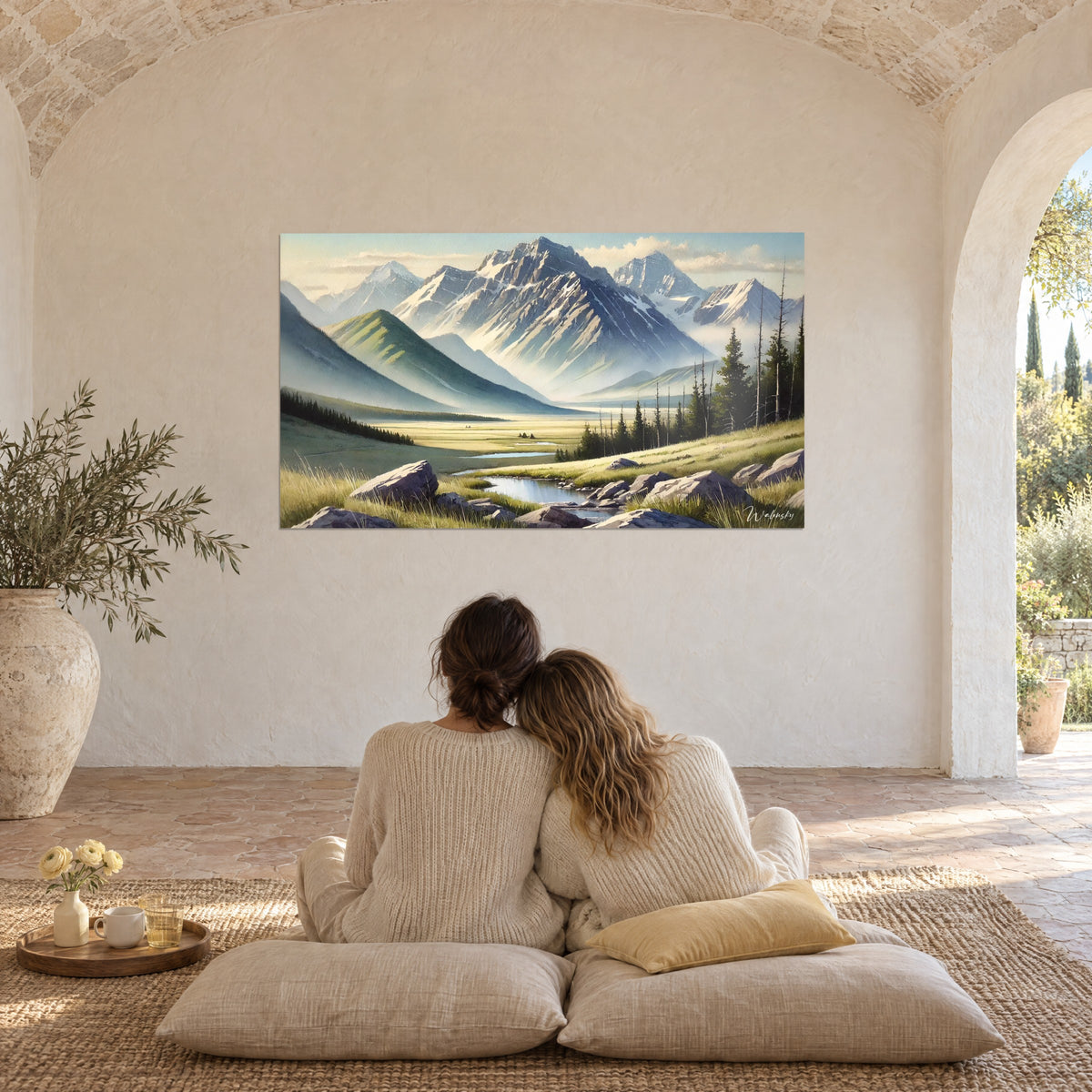 Quadro di alta montagna immersa nella foschia, versanti azzurro pallido e prato giallo dorato, due persone di spalle su cuscini beige