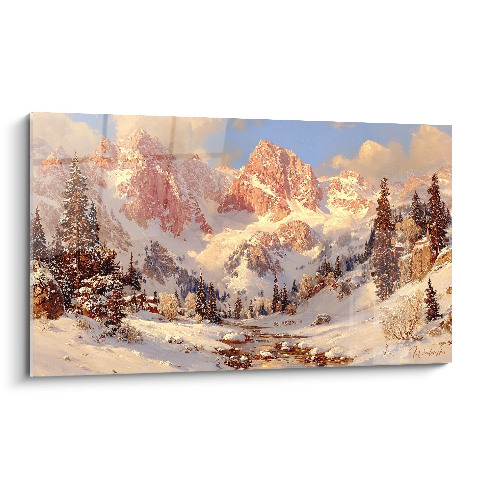 Tableau montagne hiver avec sommets enneigés dorés et forêt de sapins dans vallée alpine