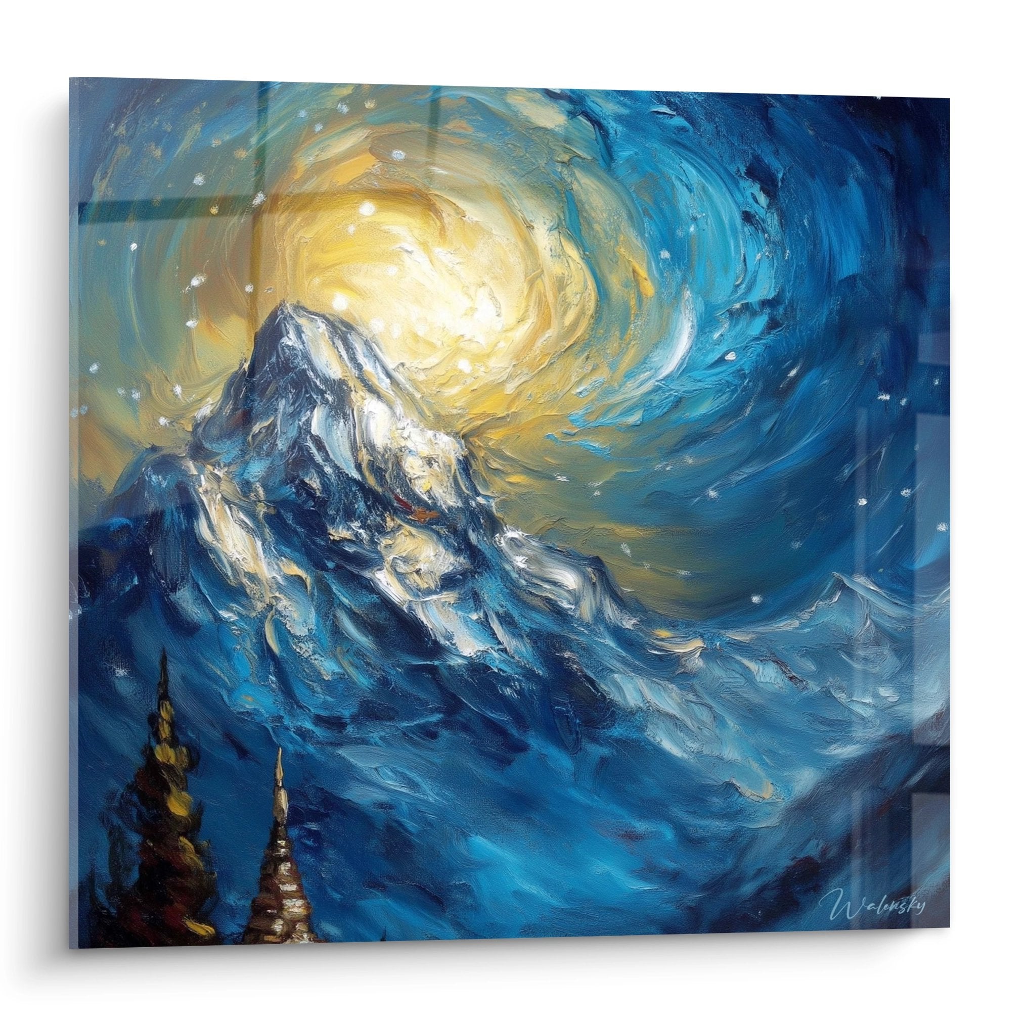 Tableau mural montagne avec pic enneigé sous ciel étoilé tourbillonnant doré et bleu style Van Gogh