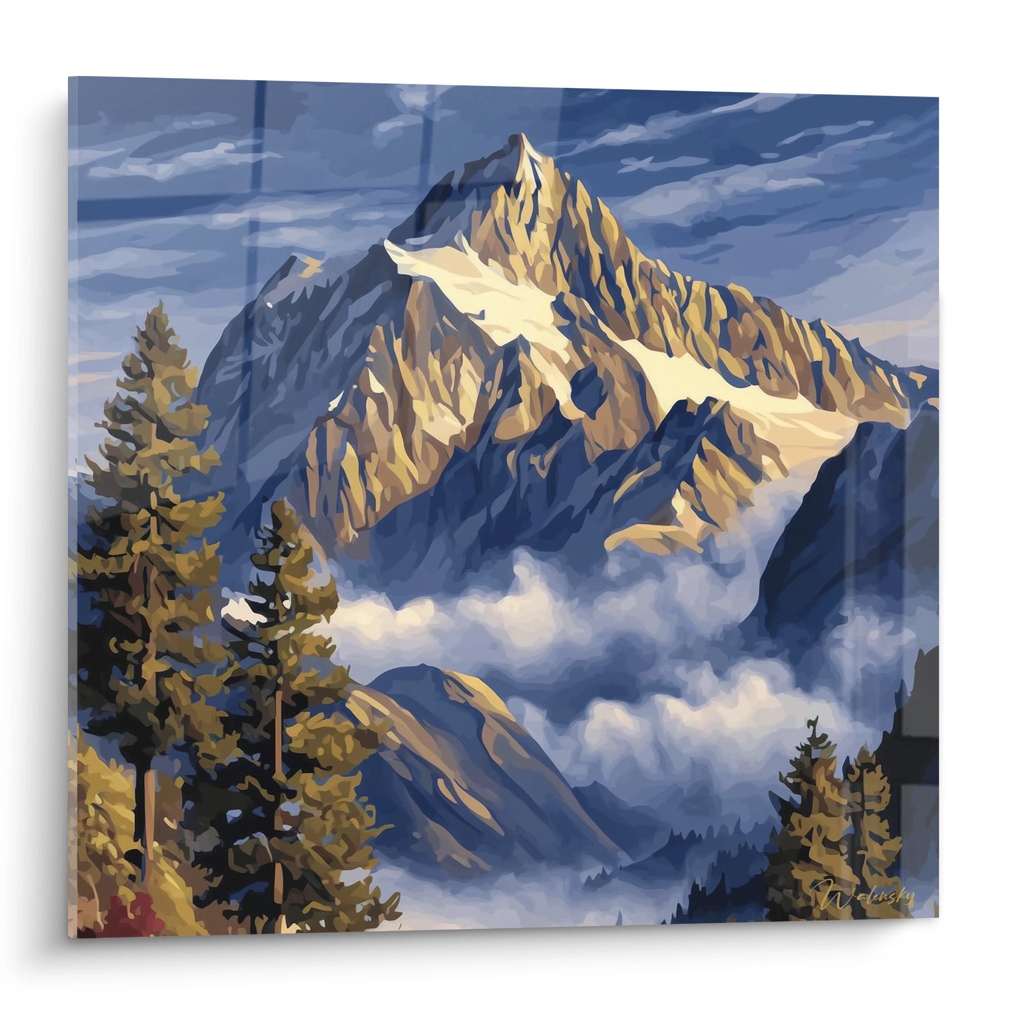 Tableau mural montagne représentant un pic enneigé majestueux avec sapins dorés - art décoratif alpin