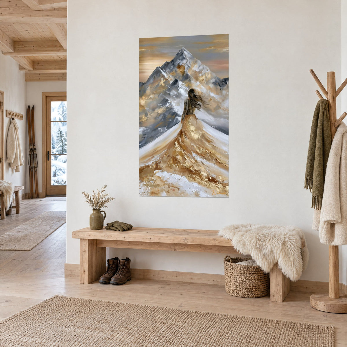 Cuadro melena suelta al viento sobre vestido dorado y nieve blanca, pico gris acero en pintura al cuchillo, entrada de un chalet de madera