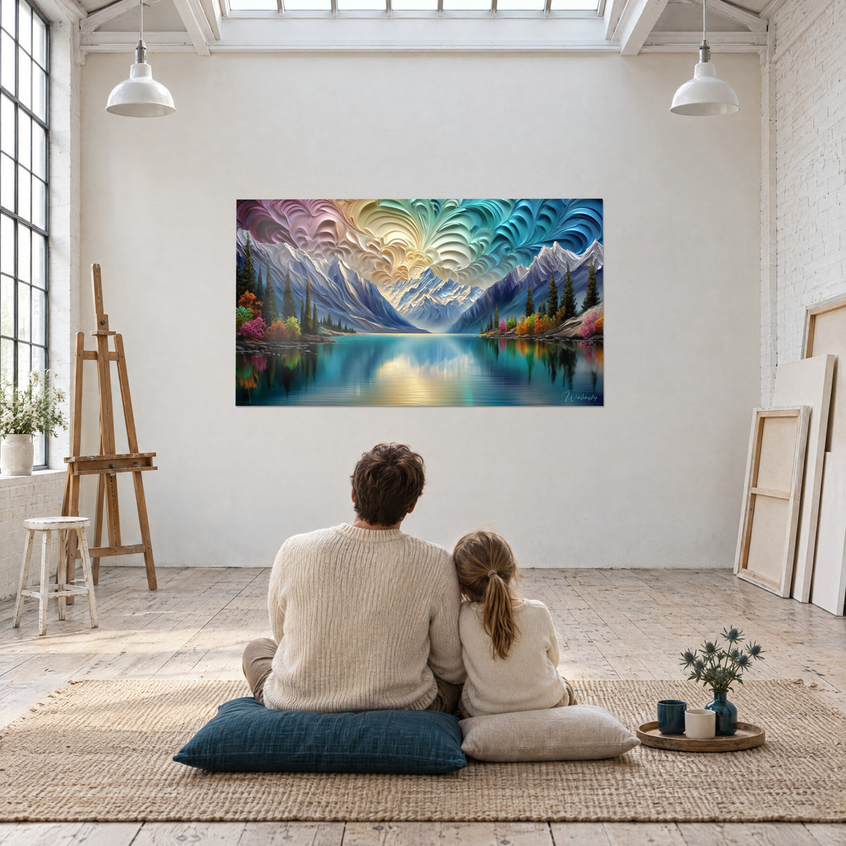 Tableau montagne irisée dans un ciel de vagues nacrées, lac vert-bleu doré, parent et enfant de dos assis face à la toile, loft clair