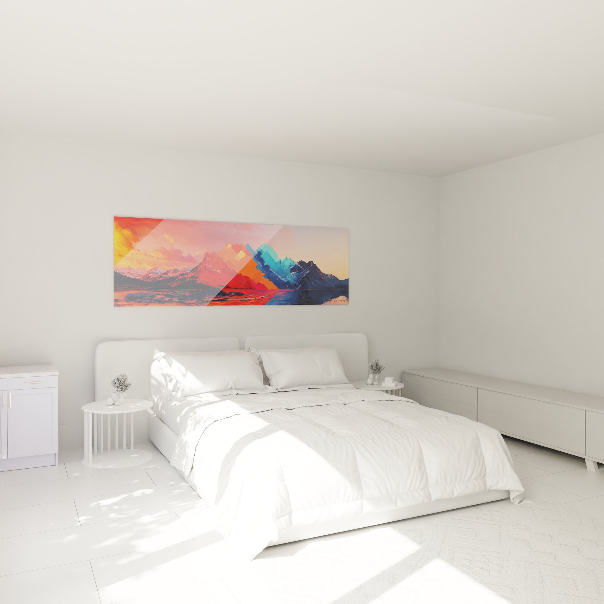 Tableau montagne pixelisée décorant une chambre moderne, art digital mural contemporain